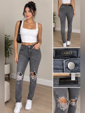 ORO Los Angeles Gray Distressed Skinny Jeans Size 34